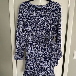 Floral Print Long Sleeve Crewneck Fishtail Ruffle Hem Short Mini Dresses